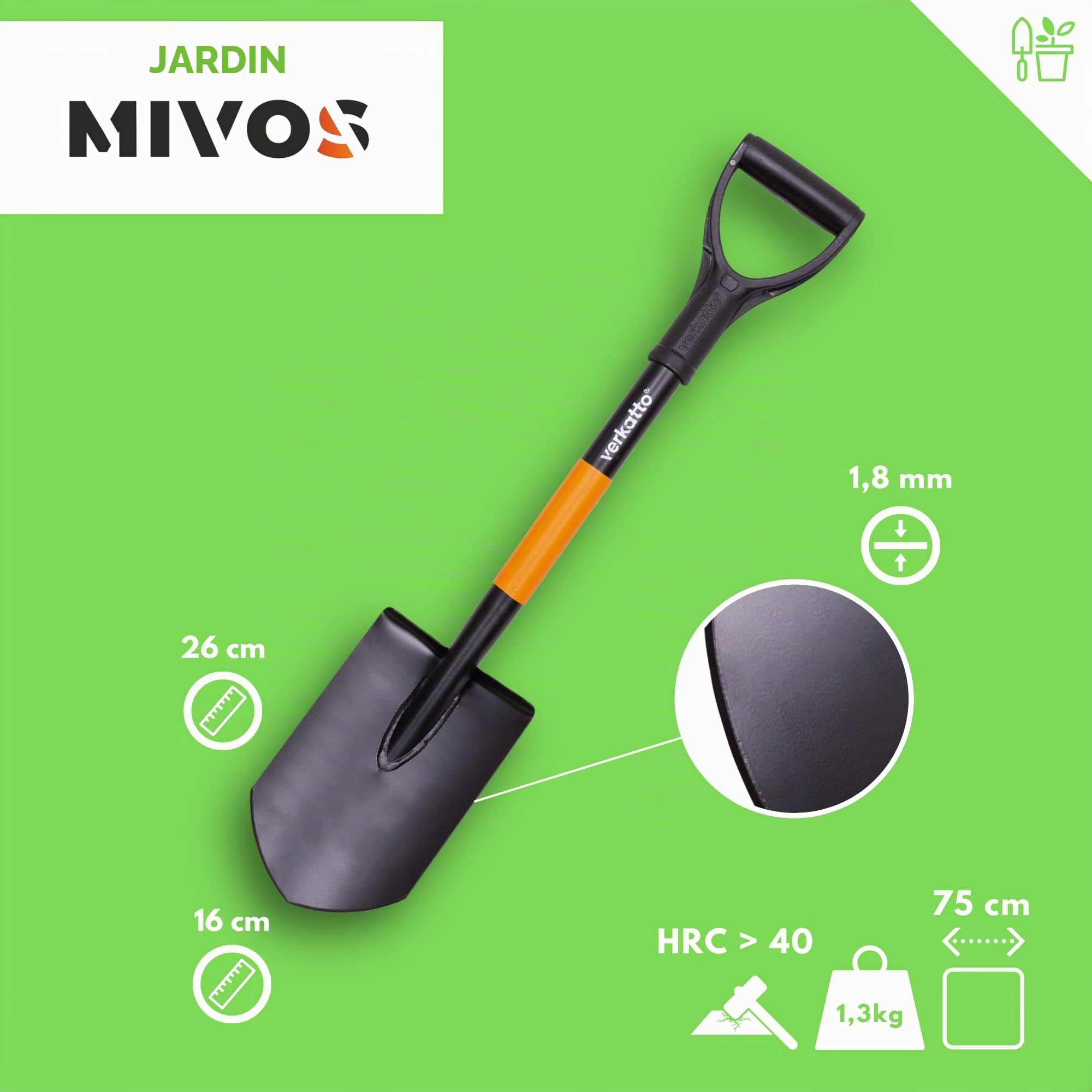 MIVOS Pelle Pointue en Acier Trempé - 75 cm - Mini Pelle de Jardin Avec Manche en Métal et Poignée en D - Bêche de Jardinage Pour Travaux de Construction