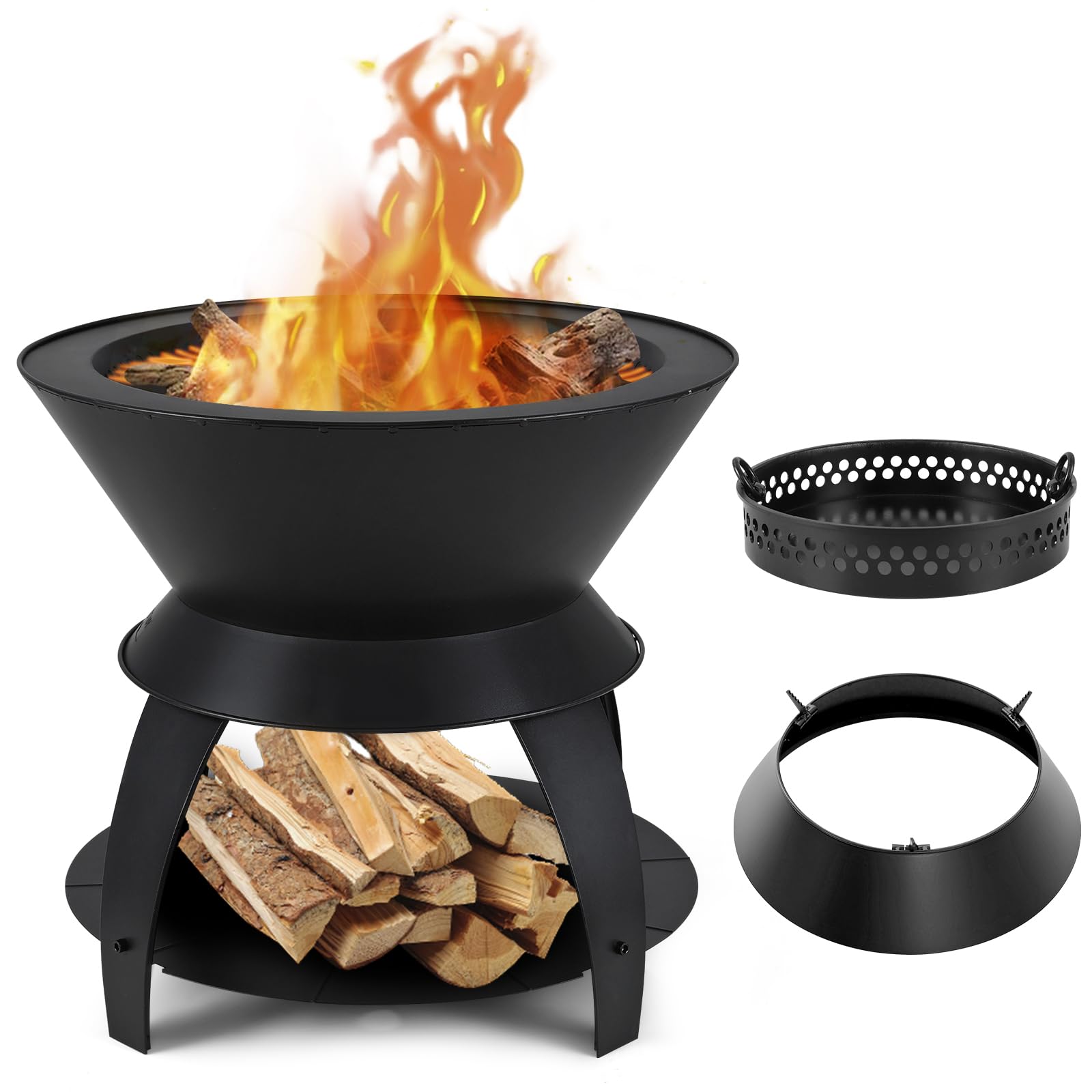 GOPLUS Brasero Sin Humo De 50 Cm, Brasero De Pellets De Leña con Cenicero Y Anillo De Wok Extraíble, Brasero Exterior 3 En 1 con Segunda Combustión para Acampar, Barbacoa, Hoguera En El Patio Trasero