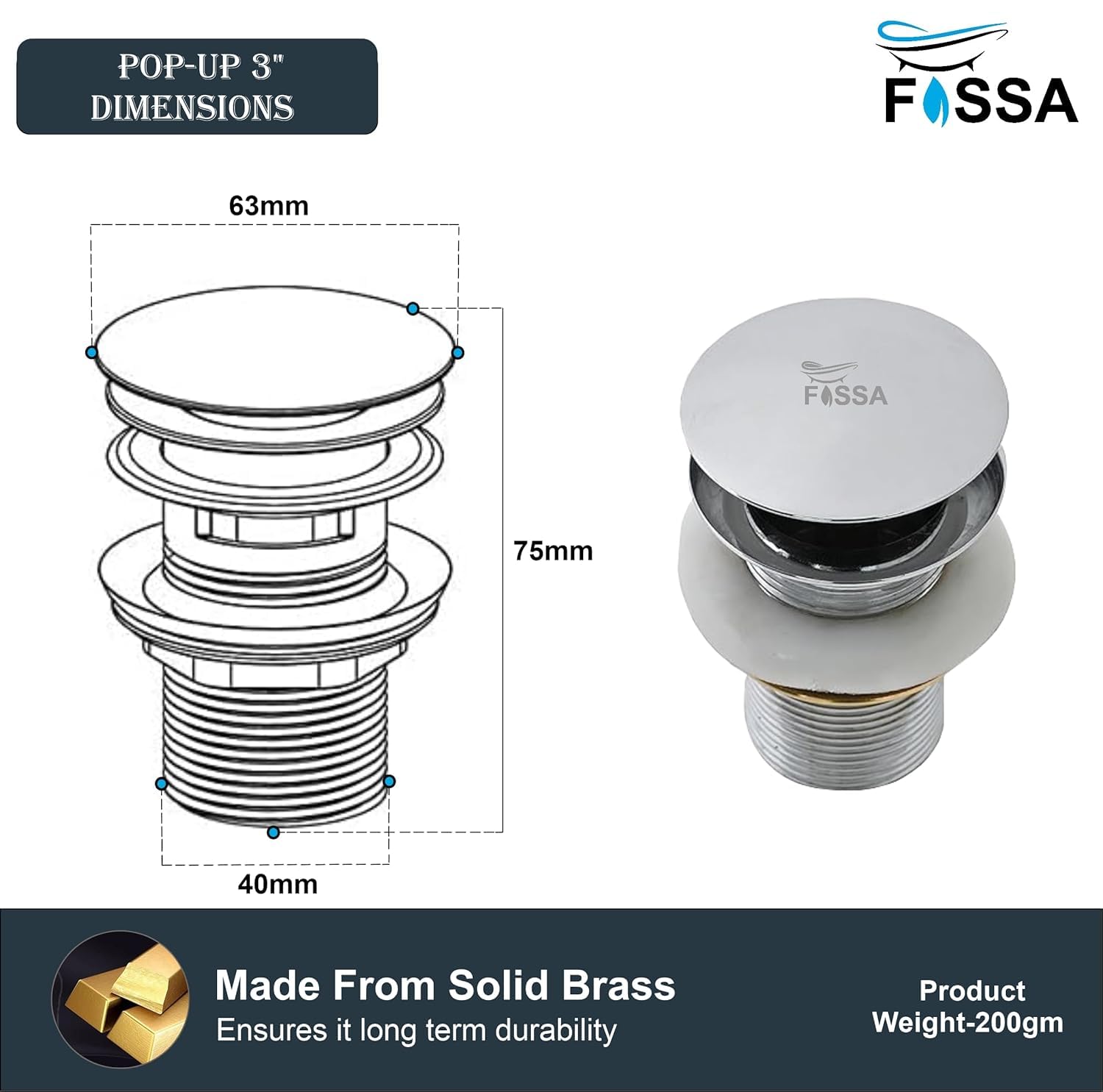 Fossa 3" Inch Brass Pop Up Waste Coupling with Smooth Push Button | Full Threaded Drain Outlet System for Basin & Sink | Durable Brass Body with Silver (Chrome Finish) 2
