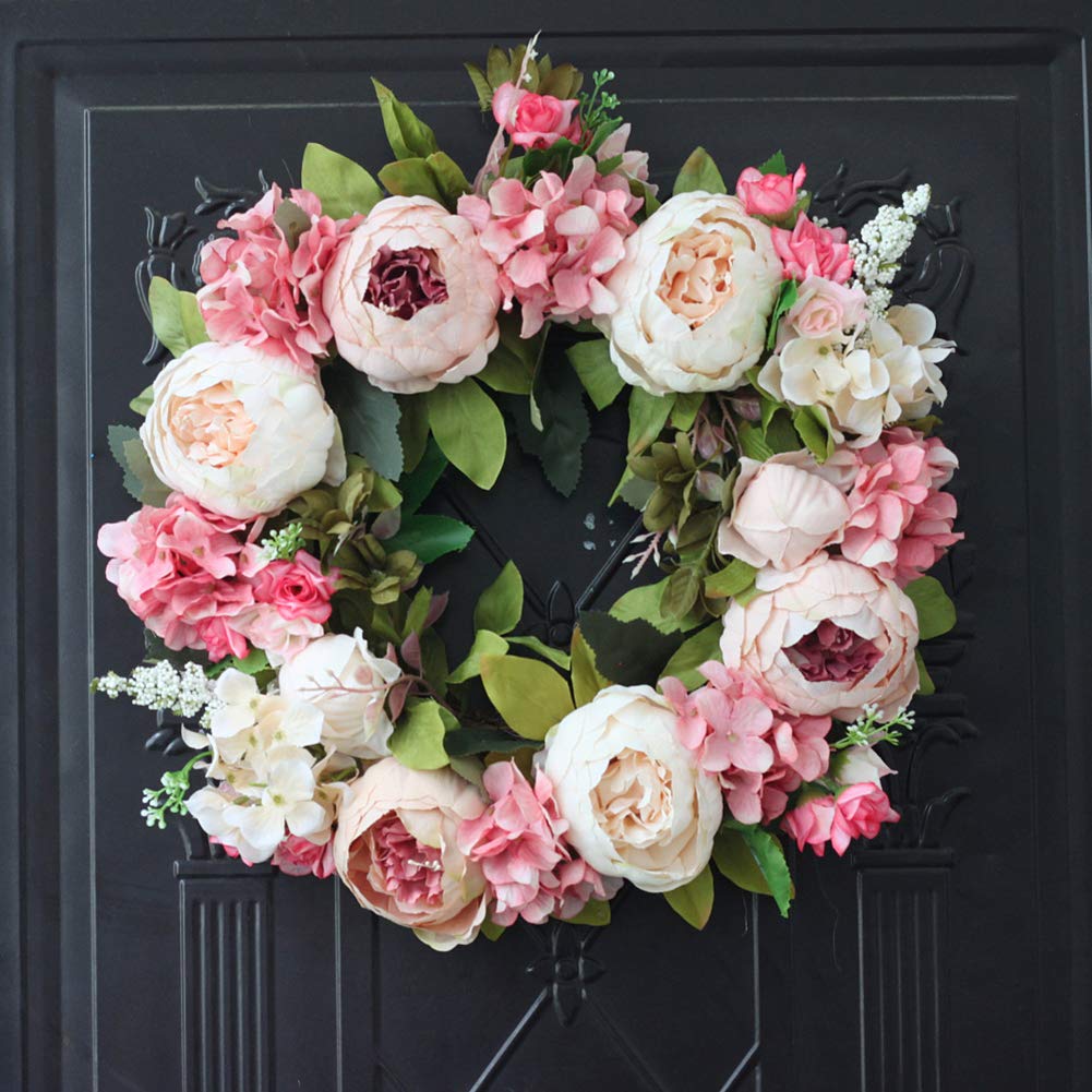 Künstlicher Kranz mit Blumen und Blätter,Dekorativer Wandkranz Türkranz Eukalyptus Künstlich Kunstpflanzen Pflanzengirlande Deko Frühling für Hochzeit Haustür Fenster Kamin Wanddekoration,PPfingstrose