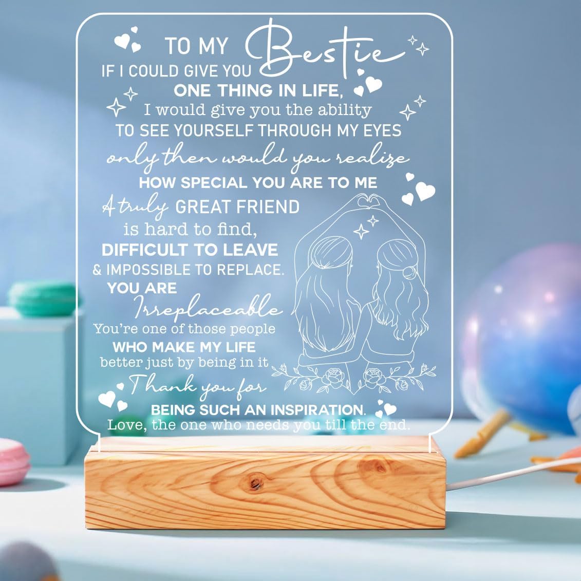 Bestie Gifts Heartfelt LED Night Light for Best Friend - Bestie Birthday Gifts - USB Powered Lamp with Pinky Promise Design and Touching Message - Wooden Base - Perfect Friendship Gift for Home Decor - Image 2