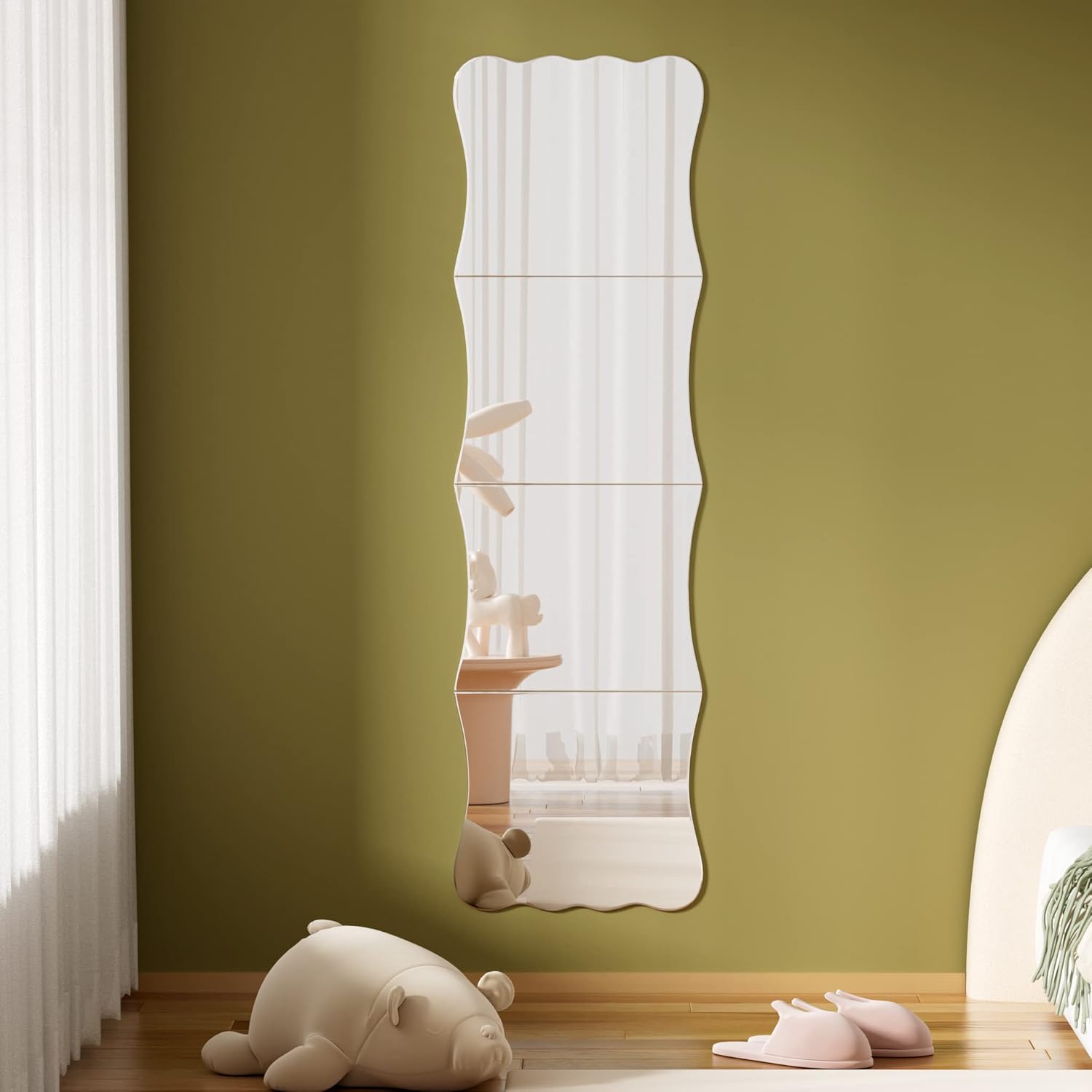 Wavy Shatterproof Full Length Wall Mirror Tiles, 47" x 14" (4 Pack 14" x 12"), Unbreakable Acrylic Safety Body Mirror for Kids, Baby, Toddler, Playroom, Dorm, Door & Gym, Frameless Non-Glass