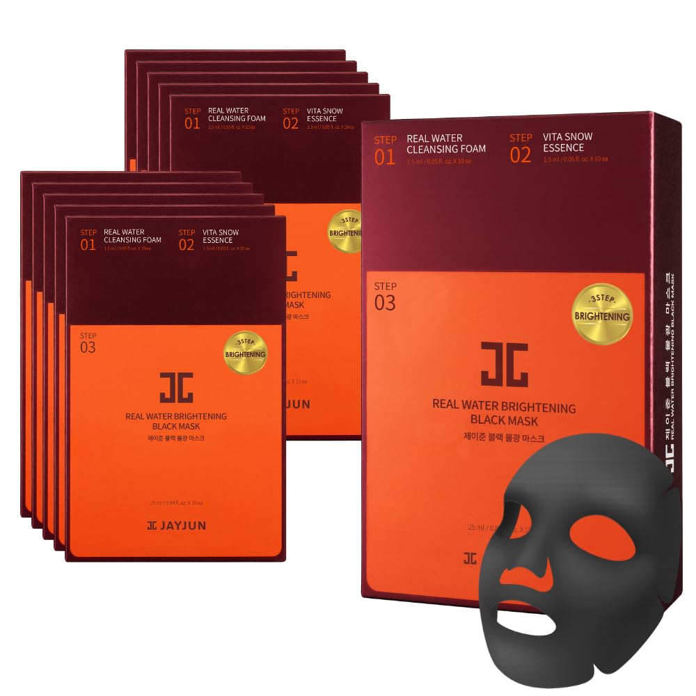 JAYJUN Real Water Brightening Black Mask, Pack of 10 Sheets, 25ml, 0.84 fl. oz., Brightening, Hydrating, Sheet Mask, 3 Step