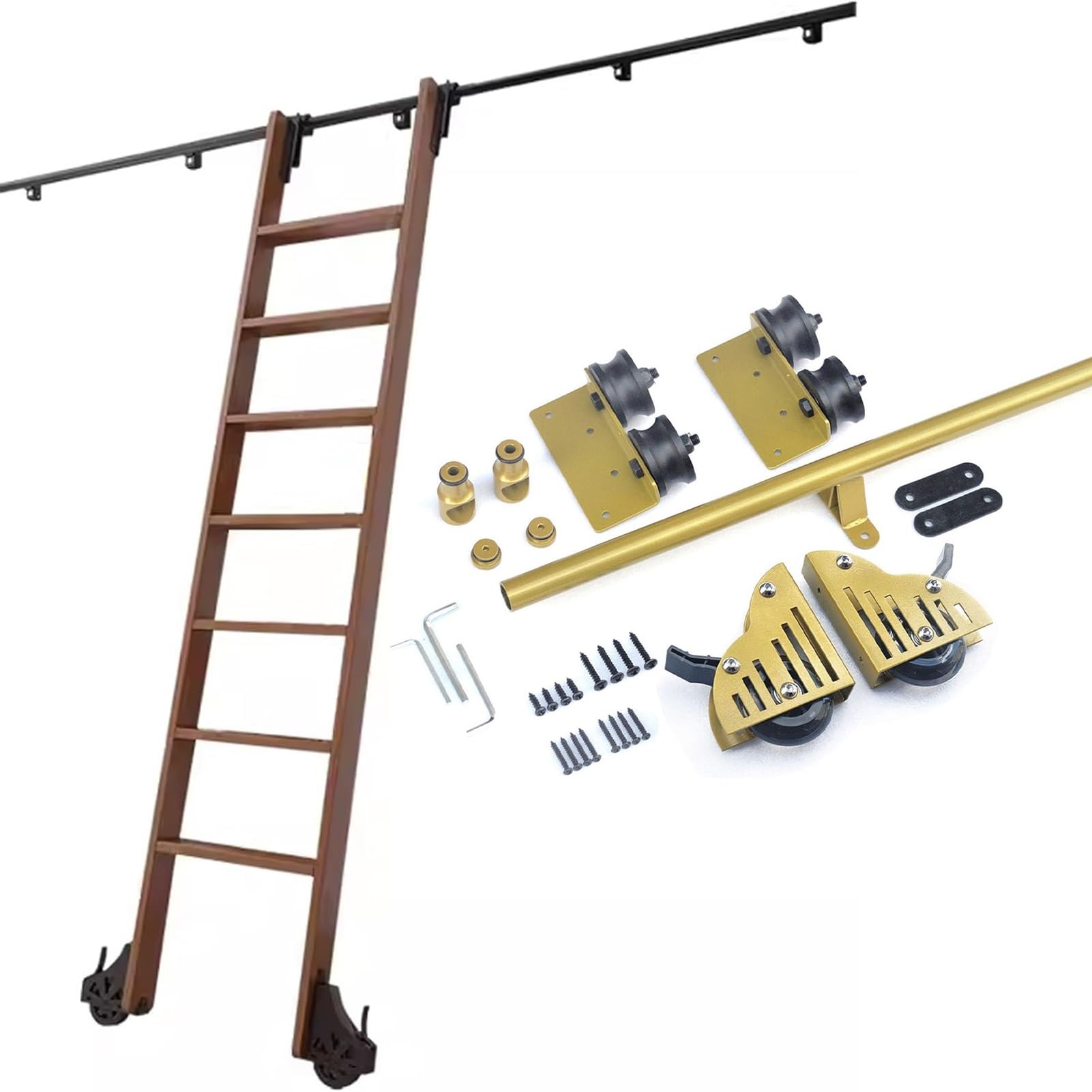 DONGGANSHI Rolling Library Sliding Ladder Hardware Kit 3.3ft-24ft Round Tube(No Ladder),Floor Roller with Brake,Home Warehouse Kitchen Closet Set Track Mobile Hardware(6.6ft/200cm Track Kit)
