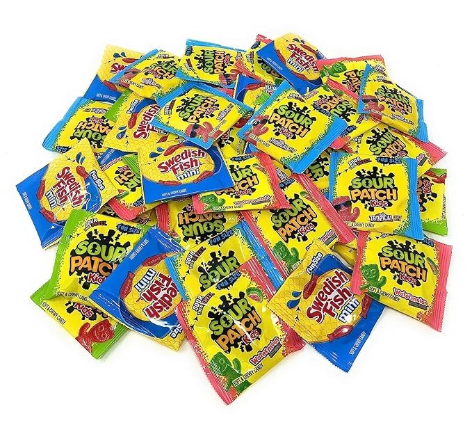 Bulk Gummy Candy Assortment - 1.5-Lbs Sour Patch Kids Original, Tropical and Watermelon, and Swedish Fish Minis - Sweet and Sour Soft Candy Party Mix Snack Assortment - Individually Wrapped (24-Oz)