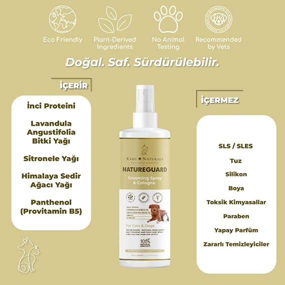 Kahu Naturals NatureGuard Kolay Tarama, Tüy Bakımı, Organik Parfüm Etkili Vücut Spreyi, Pire, Kene, Sinek Karşıtı, Kedi ve Köpek, 250 ml