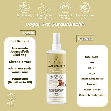 Kahu Naturals NatureGuard Kolay Tarama, Tüy Bakımı, Organik Parfüm Etkili Vücut Spreyi, Pire, Kene, Sinek Karşıtı, Kedi ve Köpek, 250 ml
