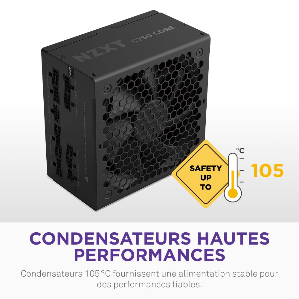 NZXT C750 Gold Core – Alim. ATX 3.1 750W – 80 Plus Gold – Cybenetics Platinum – Full modulaire – PCIe 5.1 300W 12V-2x6 – Ventilateur 0 RPM – Condensateurs 105 °C – Noir