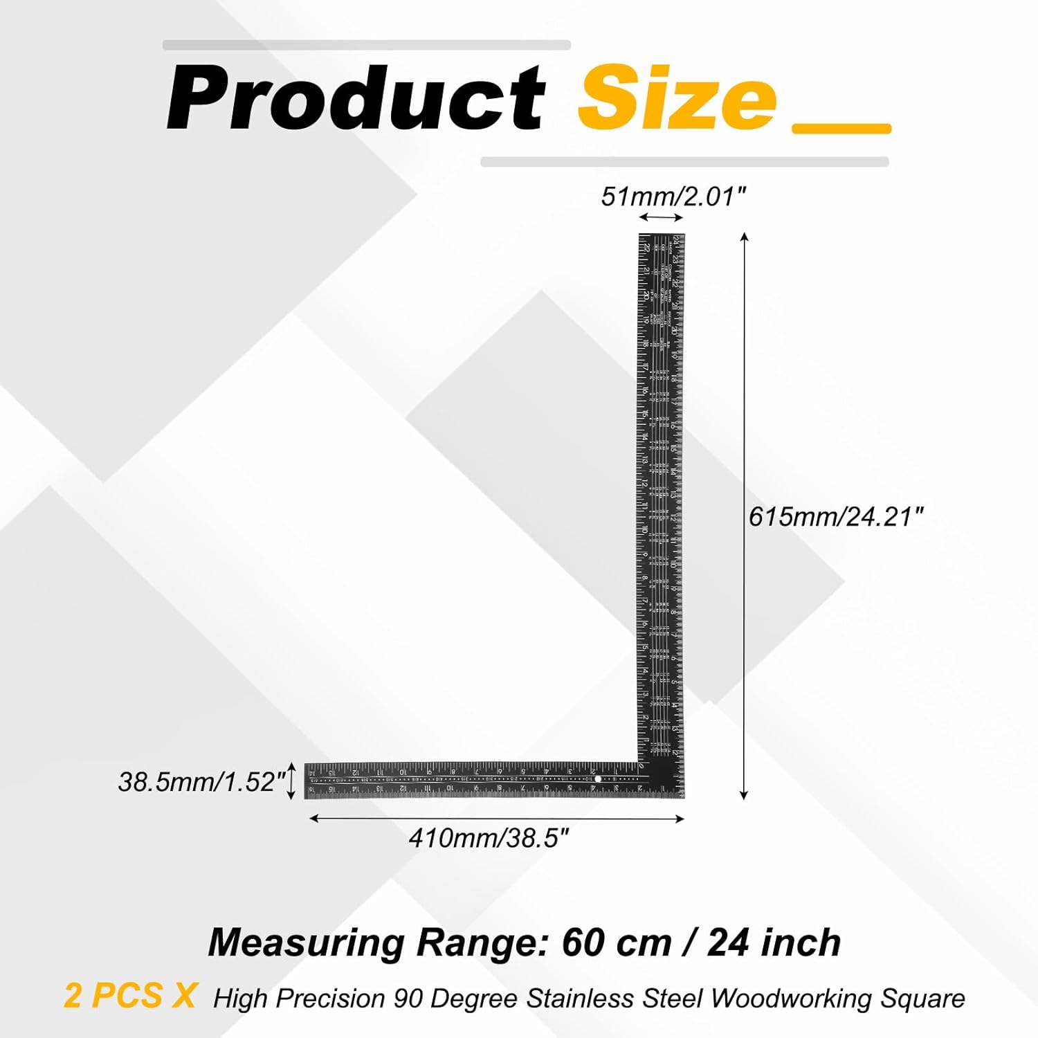 HARFINGTON 2Pcs Machinist Precision Square Ruler 24" 90 Degree Stainless Steel Engineer Squares L-Type Metal Right Angle Ruler Framing Tool for Professional Carpentry and Woodworking, Black