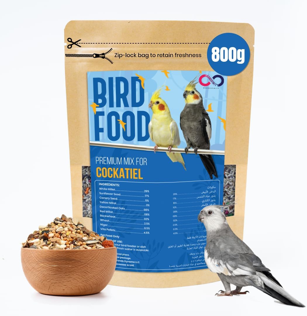 – 800g Premium Bird Food for Cockatiel & Parakeet - Healthy Bird Feed Blend with White Millet, Sunflower Seed, Canary Seeds, Yellow Millet, Vita Pellets & More for a Balanced Diet