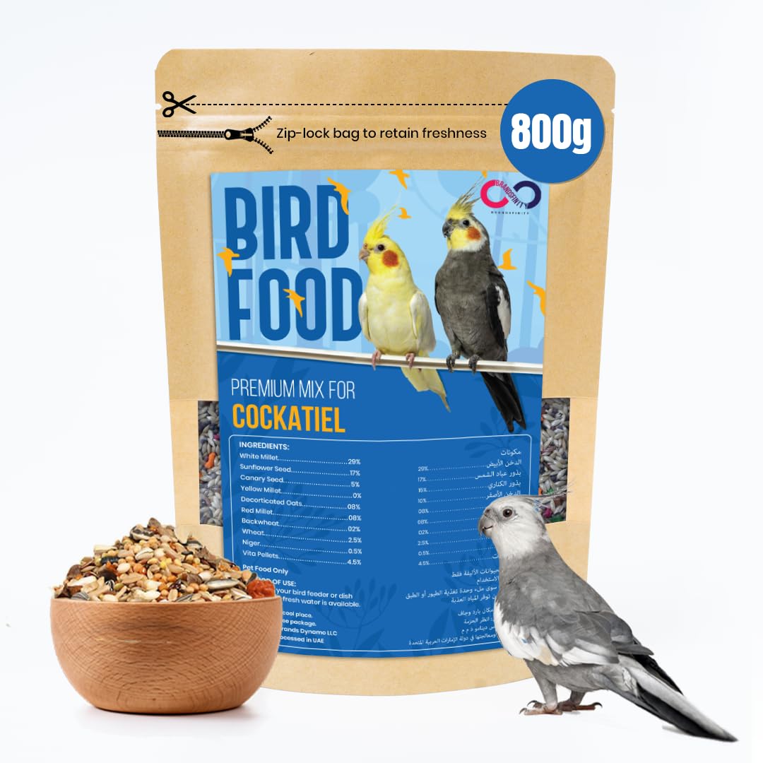 Brandsfinity 800g Premium Bird Food for Cockatiel & Parakeet - Healthy Bird Feed Blend with White Millet, Sunflower Seed, Canary Seeds, Yellow Millet, Vita Pellets & More for a Balanced Diet