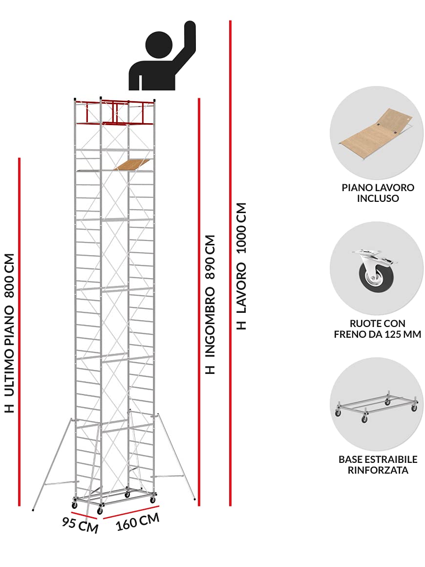 I SCEDIL - série M4 LUX 150 - Échafaudage, hauteur de travail 10 m, en acier, fabriqué en Italie