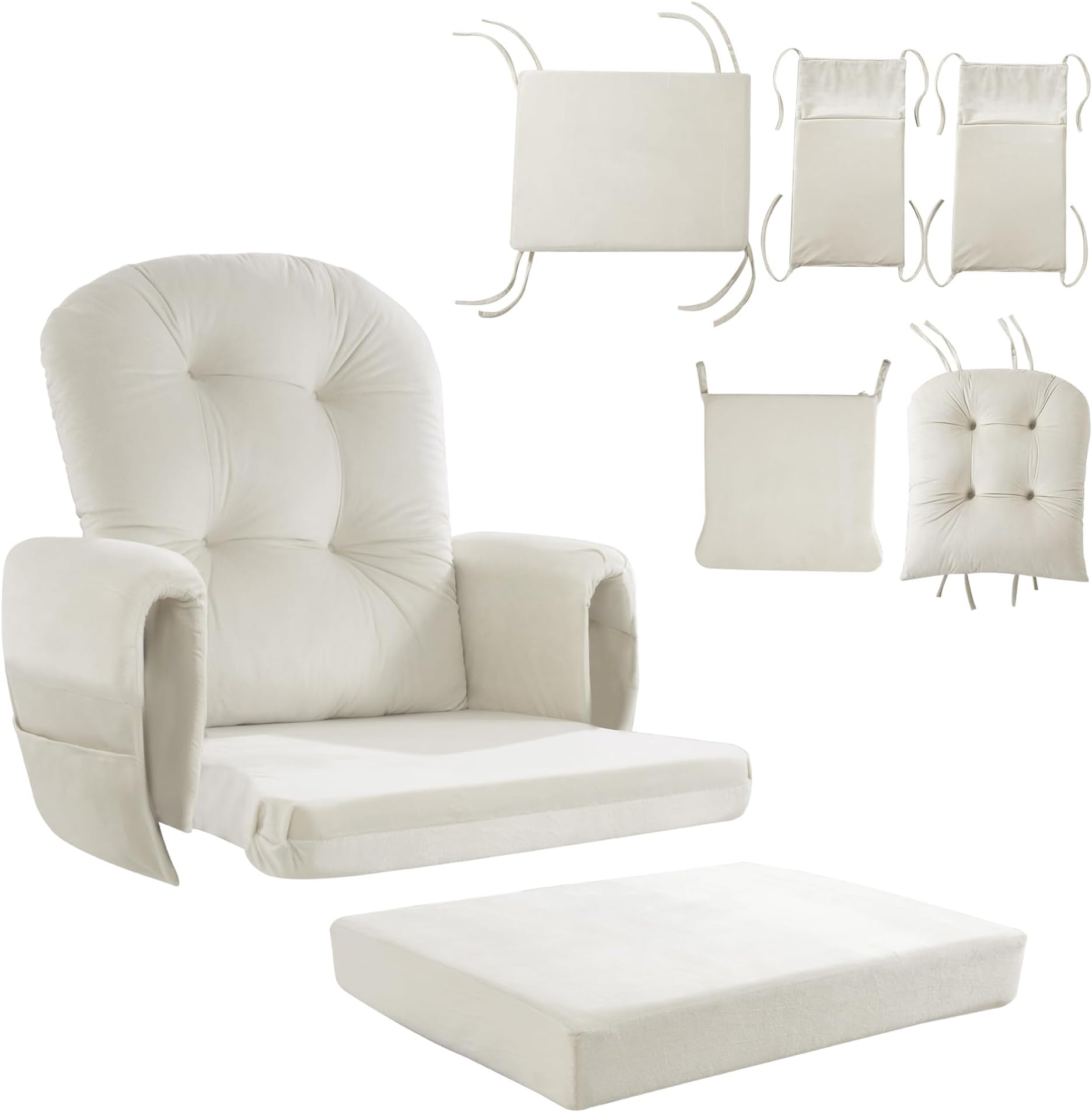 HOMBYS Glider Rocker Replacement Cushions 5 PCS with Storage Side Pocket, Velvet Fabric, Foam & Microfiber Filling, Non-Slip & Washable,Thickened & Supportive for Glider Rocking Chair
