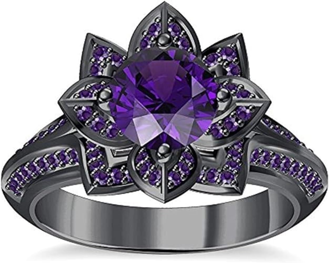 Ranjeeta Round Cut Simulated Purple Amethyst 925 Sterling Silver 14K Black Gold Over Diamond Lotus Flower Engagement Wedding Ring for Women's