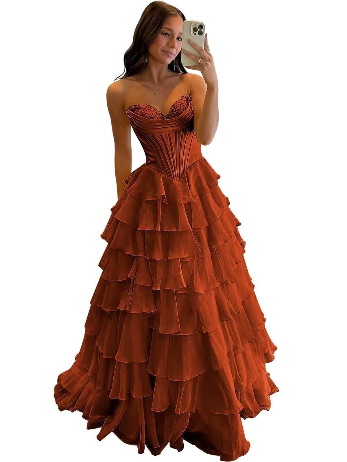 Ruffle Prom Dress Corset Tiered 2025 Strapless Long Chiffon Formal Evening Gown with Slit