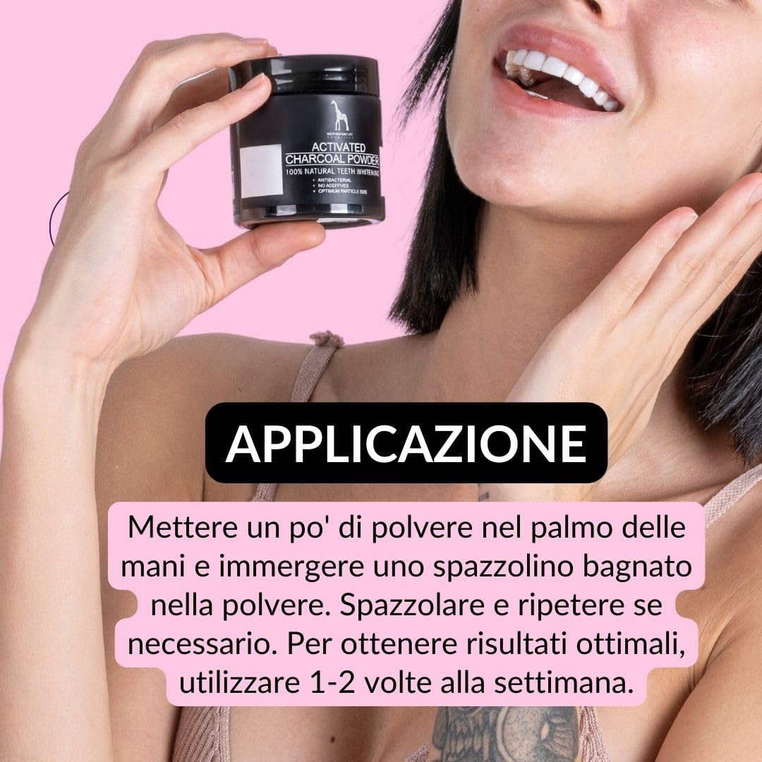 Carbone Attivo Sbiancante per Denti - VEGAN - 60 g di Polvere di Carbone Attivo, Estratta dal Guscio della Noce di Cocco - per Denti Naturalmente Bianchi