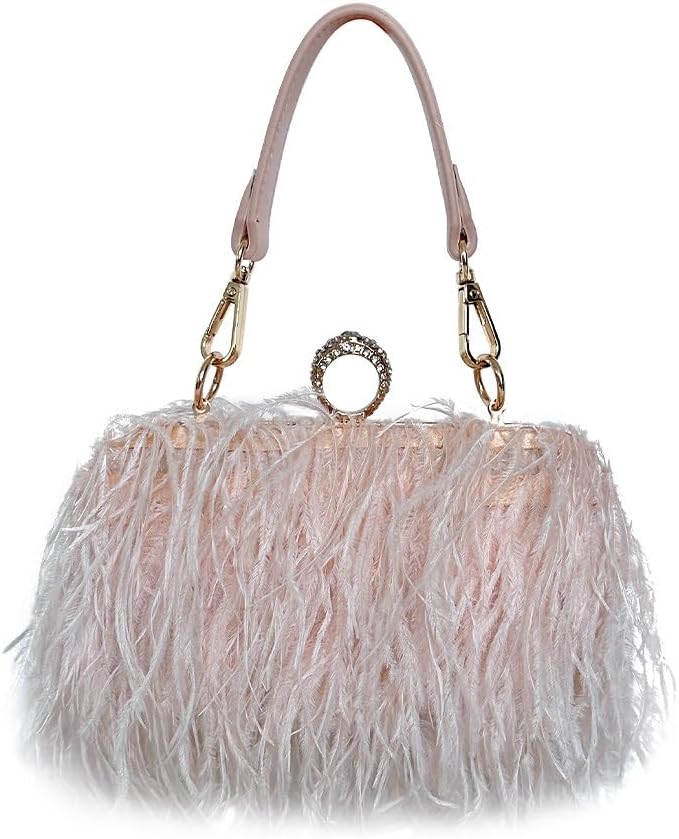 Women Ostrich Feather Purse Ostrich Tote Bag Fluffy Feather Purse Fringe Clutch Evening Handbag for Party Prom Champagne - Image 5