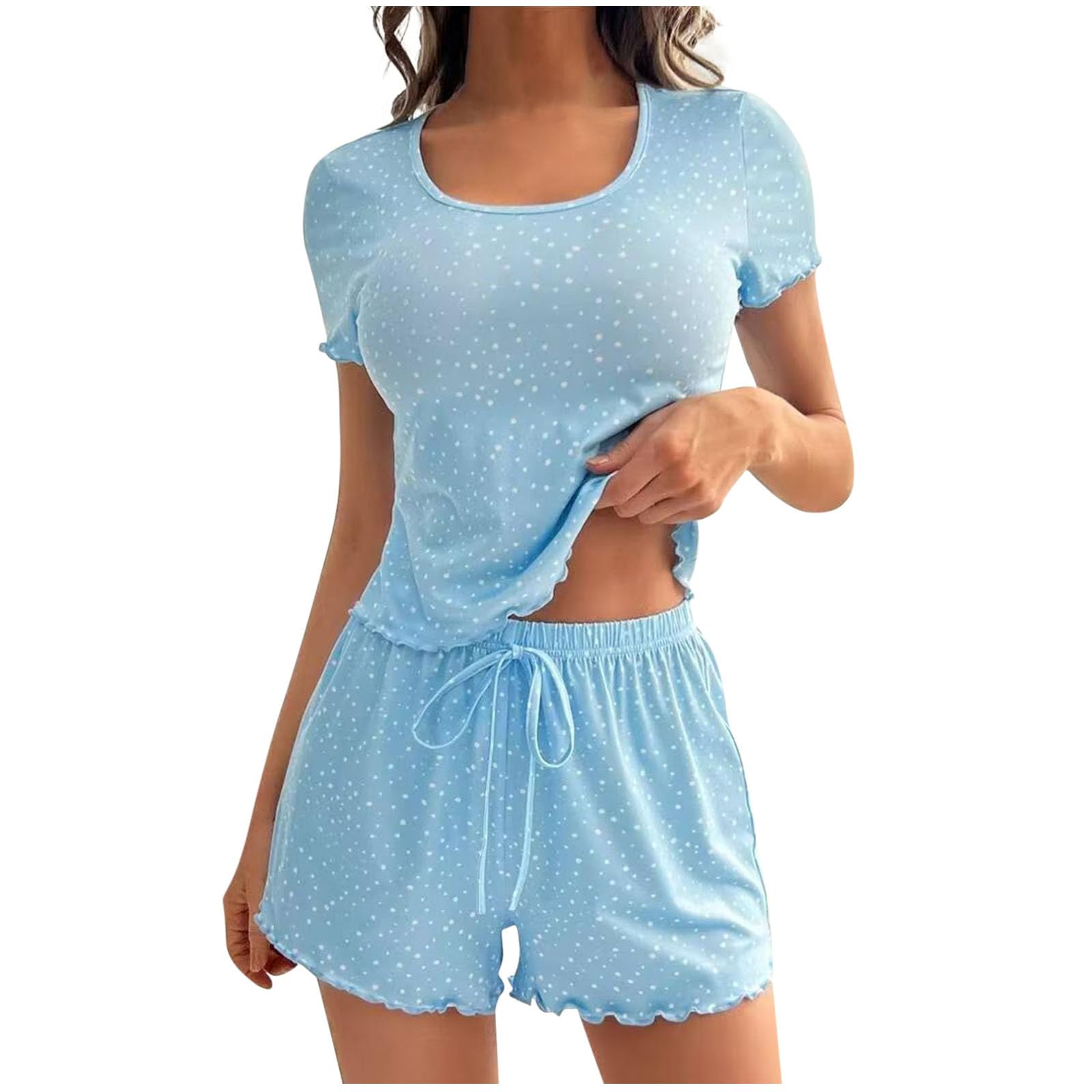 Womens Lounge Pajama 2 Piece Set Polka Dot Summer Short Sleeve Crew Neck Top and Drawstring Shorts Loungewear