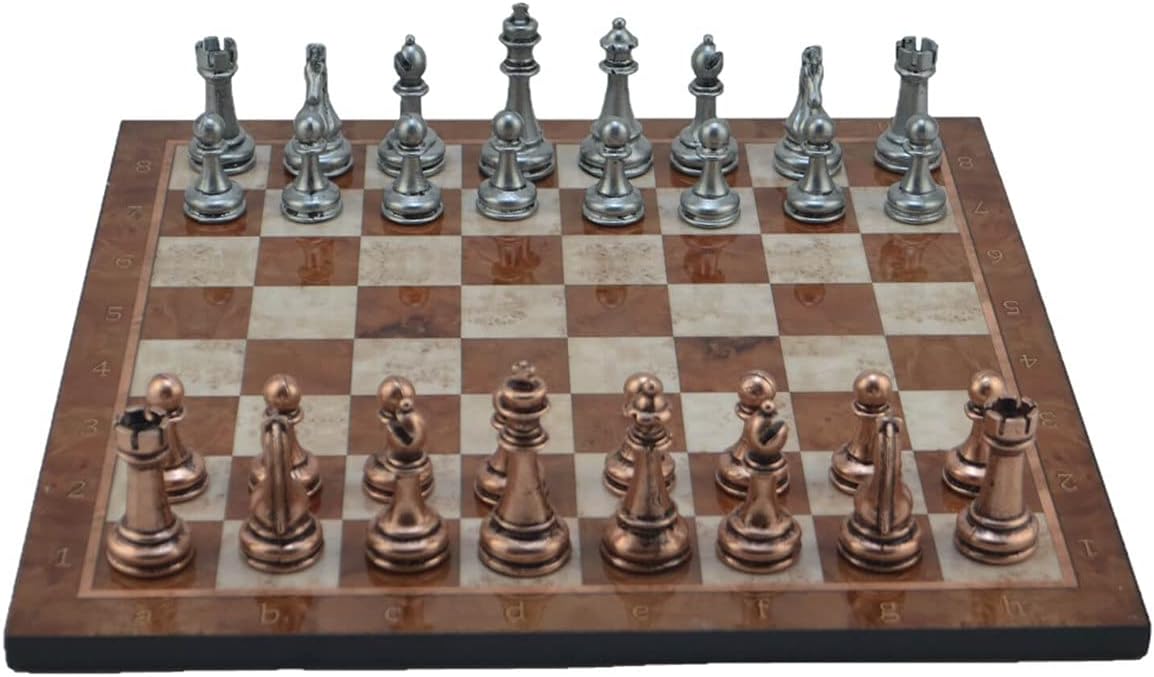 Classic Metal Chess Set for Adults Antique Copper Figures,Handmade Pieces and Different Design Wooden Chess Board King 2.75 inc (Mocha)