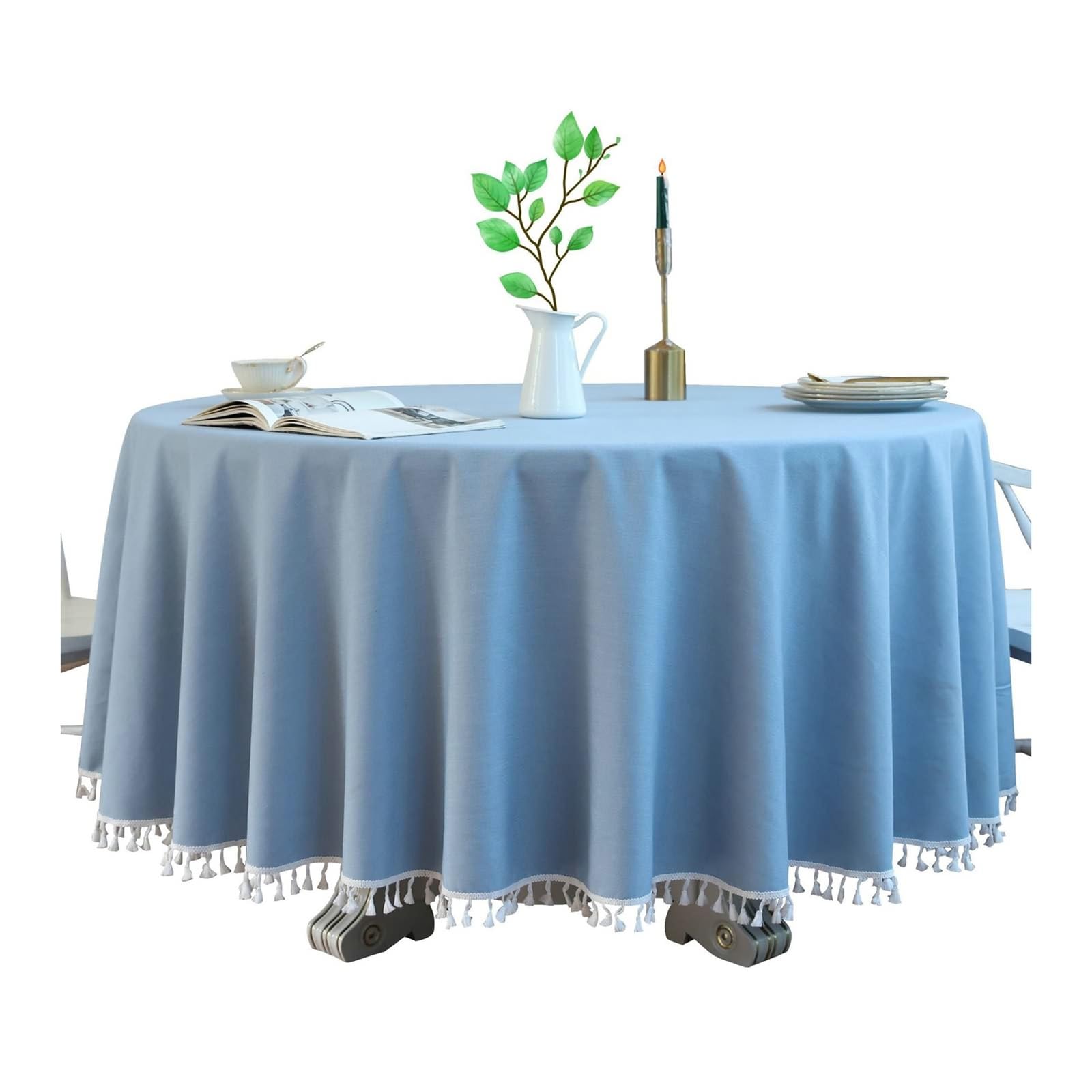 Daesar Mantel Lavable Antimanchas Redondo,Manteles Mesa Algodón Lino Color Sólido con Borlas Mantel Mesa Cocina Rectangular Azul Claro,140CM(55Inch)