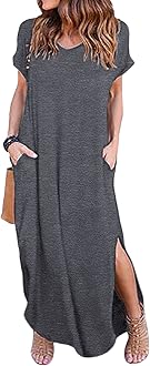 Kancystore Women's Summer Long Dresses Casual Short Sleeve Split Beach Maxi Dress with Pockets