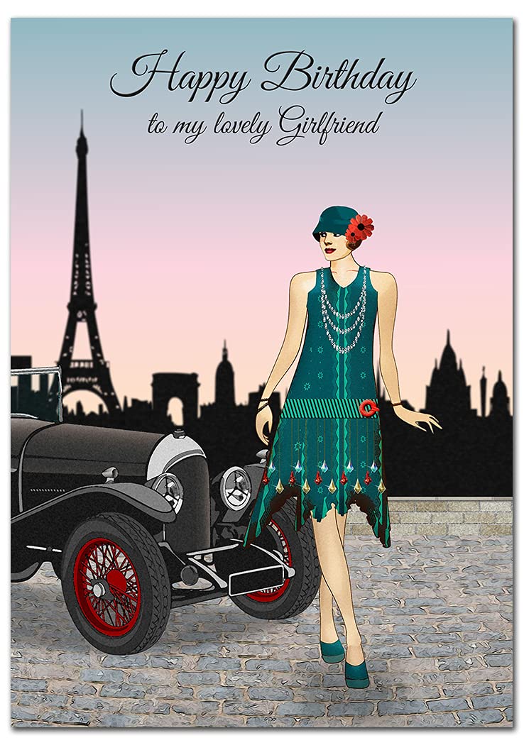 Extra Large Girlfriend Birthday Card - XL Big thick A4 size - Special Beautiful Greeting for Women Her Female - Paris Sunrise Car Flapper Art - Nice Huge Happy Wishes - UK Eco-Friendly