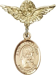 14kt Yellow Gold Baby Badge with St. Apollonia Charm and Angel w/Wings Badge Pin 1 X 3/4 inches