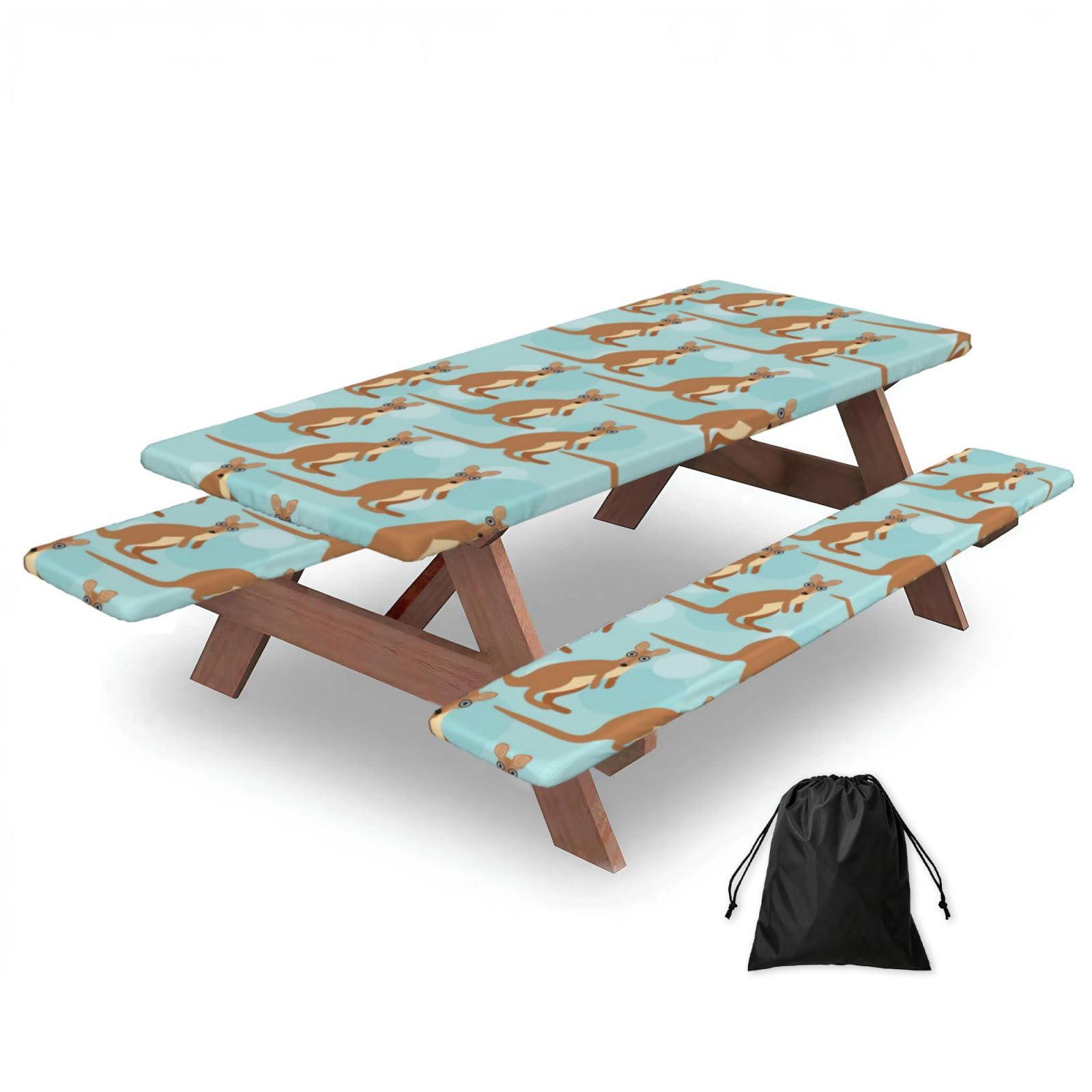 Duwaa Black Funny For Kangaroo Zoo Print 183Cm Picnic Table Cover With Bench Covers, Waterproof Elastic Tablecloth Set For Outdoor