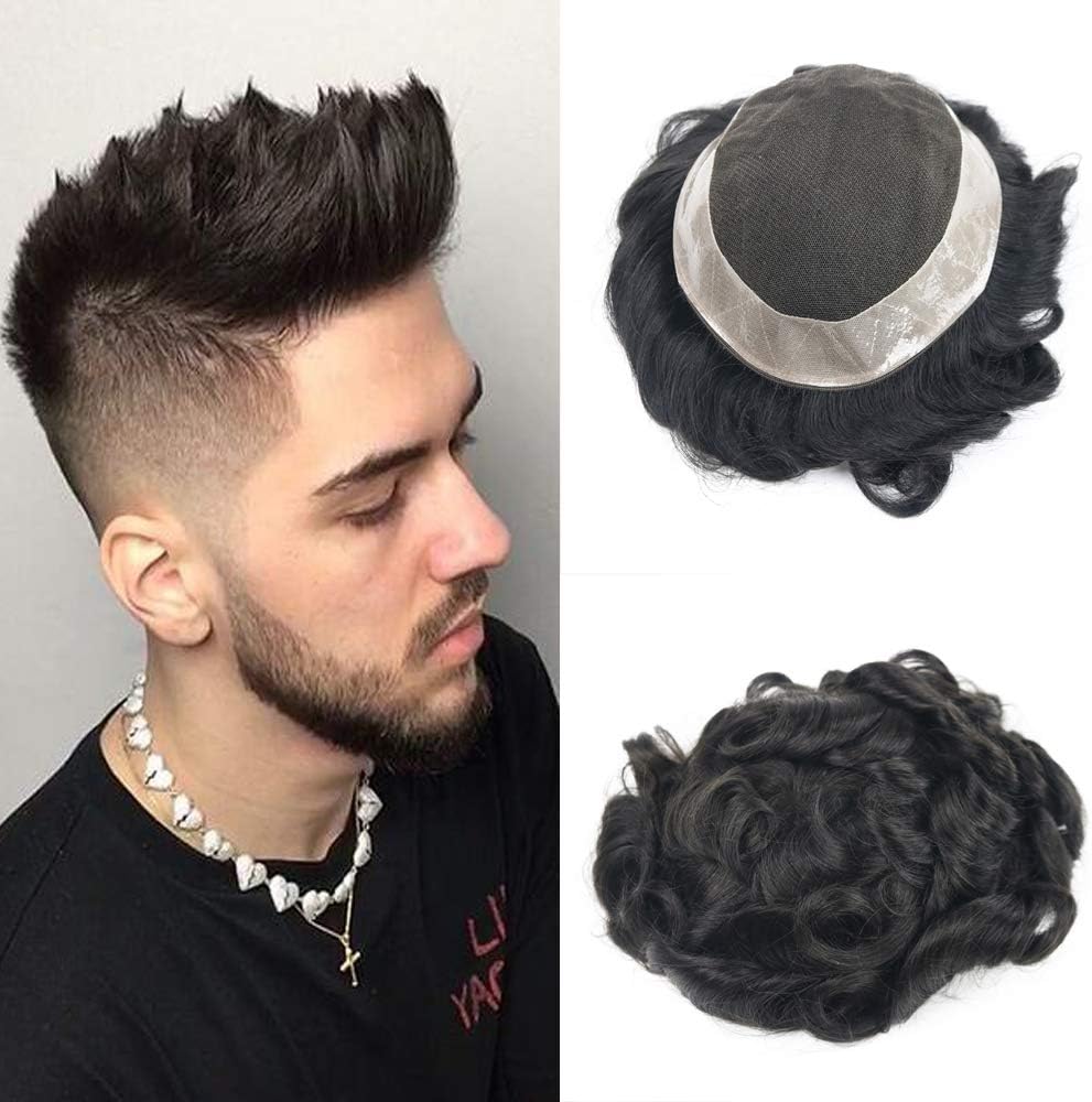 Hair Part French Lace 120% Human Indian Remy Hair Wig Npu Around Top Men Toupee With Natural Hair Line (6inch 9"x7", Natural Black)
