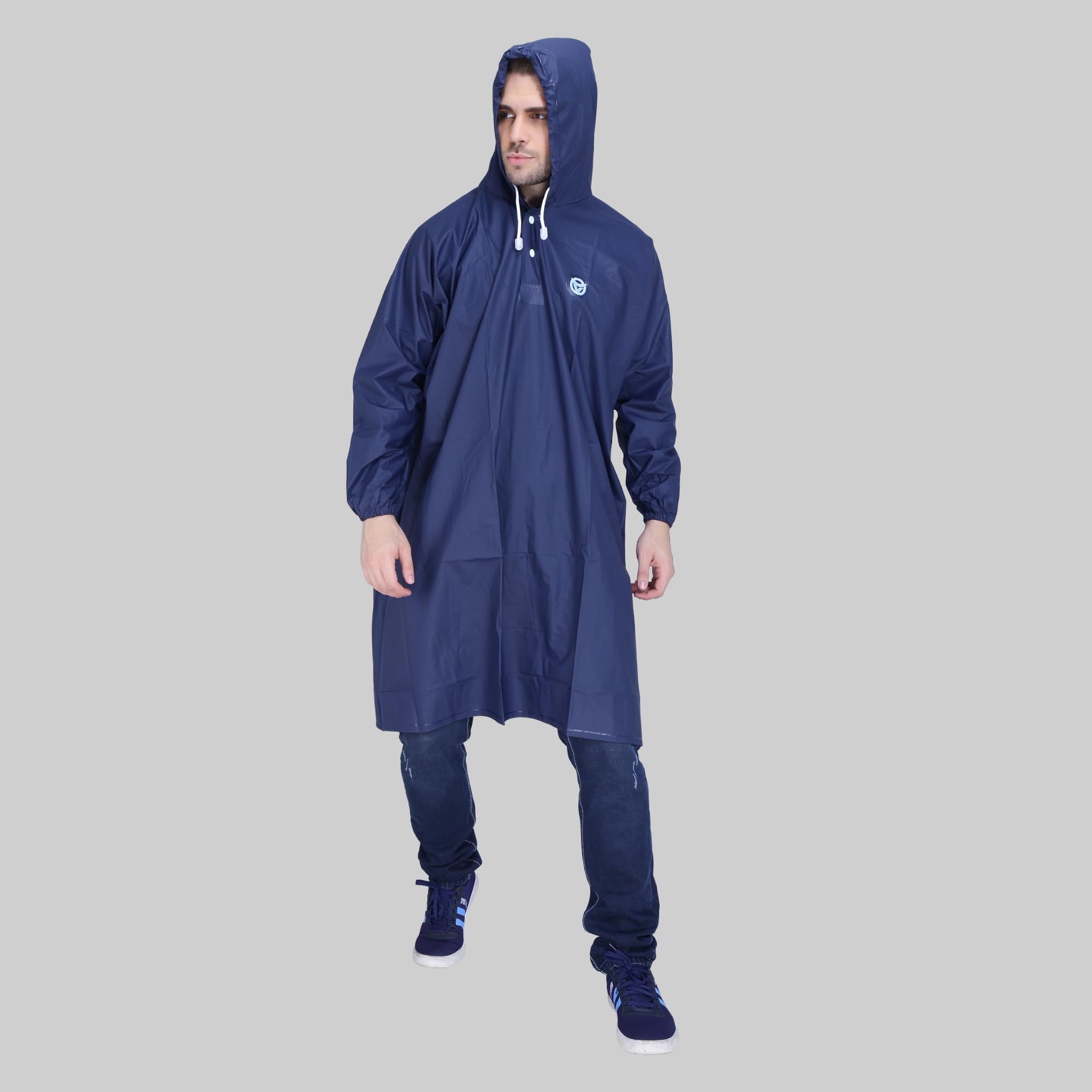 VARSHA Unisex PVC Waterproof Rain Poncho for Adult, Reusable Raincoat with Adjustable Hood and Elasticated Cuffs, One Size Fits All Rain Poncho Black & Blue (IN, Alpha, Free Size, Blue) 2