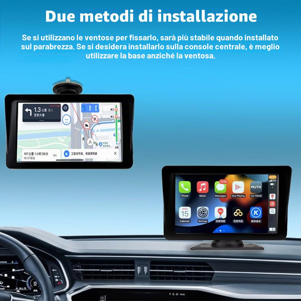 sunweyer Sunweyer Wireless Carplay & Android Auto Screen, Stereo Portatile Auto, 7 "IPS Touchsreen Display, Supporto 1080p Backup Camera & Bluetooth/AUX/FM Trasmettitore