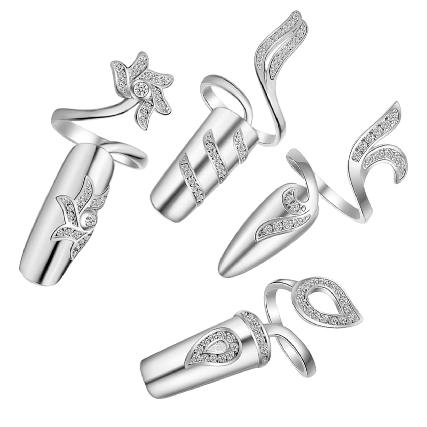 FOMIYES Anello Aperto per Unghie Donna con Pietre Brillanti in Lega 4 Pezzi | Argento, senza Colla, Fissaggio Stabile, per Occasioni Speciali e Feste come Prom e Natale