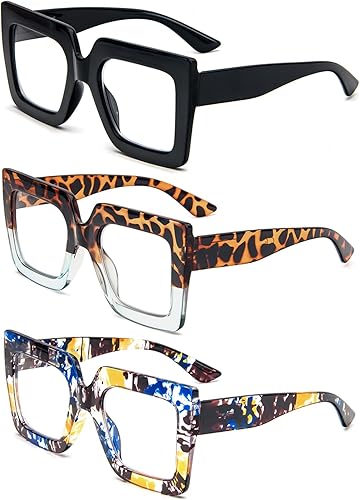 Miniatura 2 de REAVEE Paquete de 3 lentes de lectura de gran tamaño para mujer, marco grande extra ancho, bloqueo de luz azul, elegantes lectores cuadrados gruesos