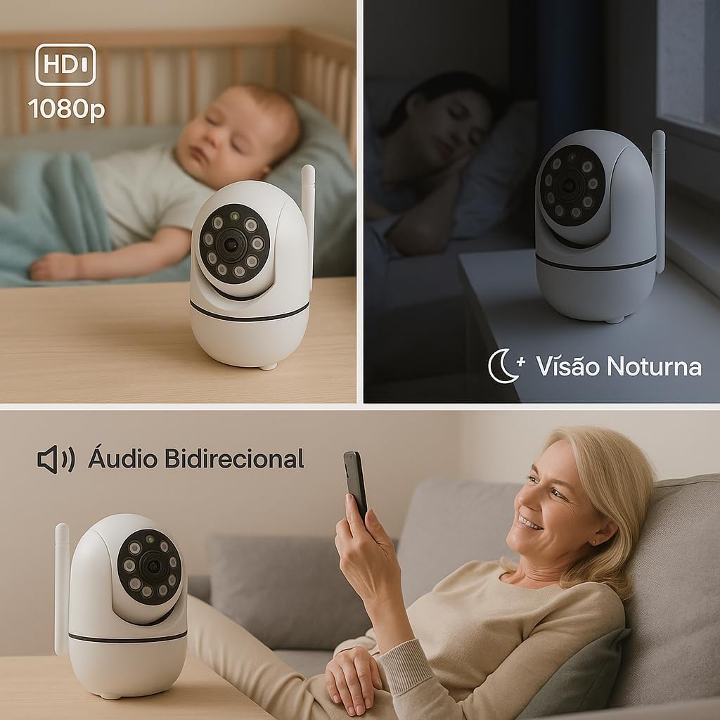 Câmera IP Wi-Fi 1080p, Monitoramento Giratório, Visão Noturna, Detector de Movimento, 2.4G WiFi, Branco Câmera IP Wi-Fi 1080p, Monitoramento Giratório, Visão Noturna, Detector de Movimento, 2.4G WiFi, Branco