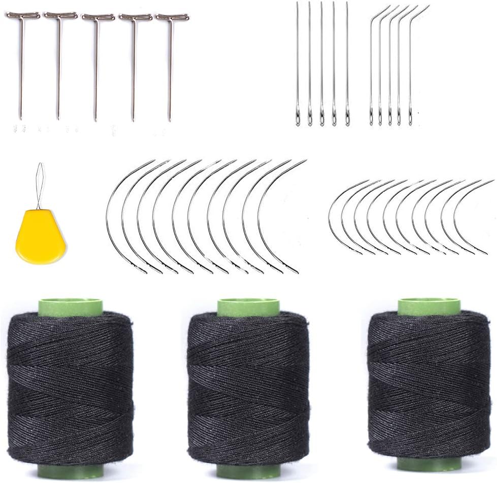Weaving Needle Combo Deal 3Pcs Black Thread with 20pcs C Needle，5Pcs J Shap, 5Pcs I Shap and 10 Wig T Pins for Making Wig Sewing Hair Weft Hair Weave Extension (44)