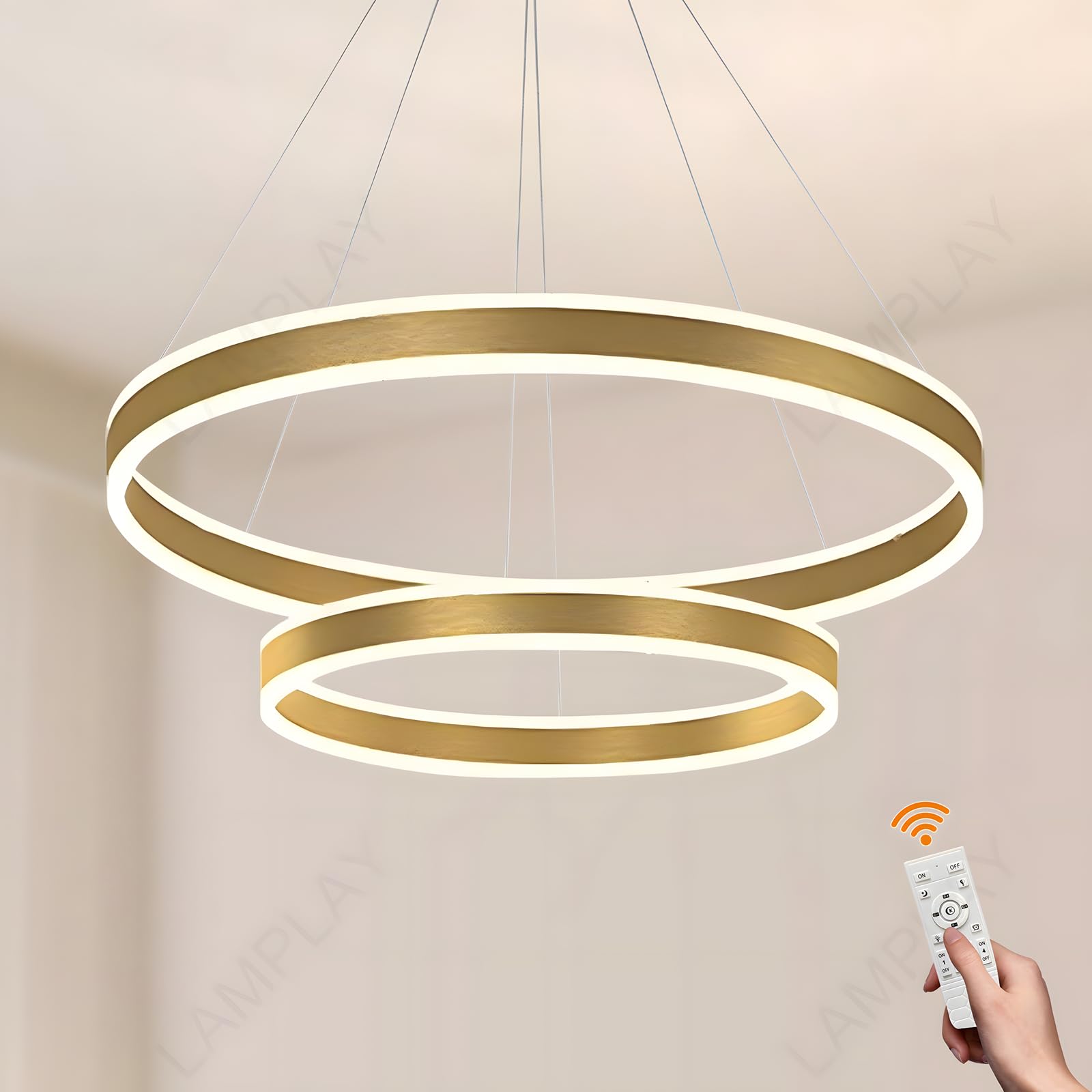Lamplay Golden Round Led Modern Pendant Light, 2 Ring Chandelier, Dimmable With Remote Control 3000K-6000K Ceiling Light, Height Adjustable, Foyer Living Room Bedroom Dining Kitchen Island (Ø60+80Cm)