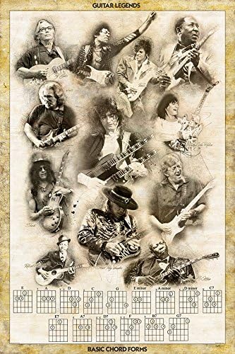 Guitar Legends Basic Chords Print (Jimmy Page, Prince, Slash, Eric Clapton, Muddy Waters, Ry Cooder, Eddie Van Halen, Jimmy Hendrix, Robert Johnson...) Retro Poster 24" x 36" (Unframed)