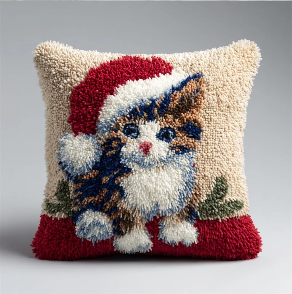 FWRTYCB Latch Hook Cushion Kits for Adults, Christmas Kitten Pillow Hook A