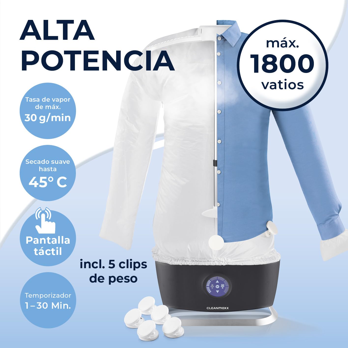 CLEANmaxx Plancha automática para camisas Pro Steam, con función de vapor y pantalla táctil, dispositivo de planchado para camisas y blusas, reduce los olores, desinfecta, alisa, seca y refresca