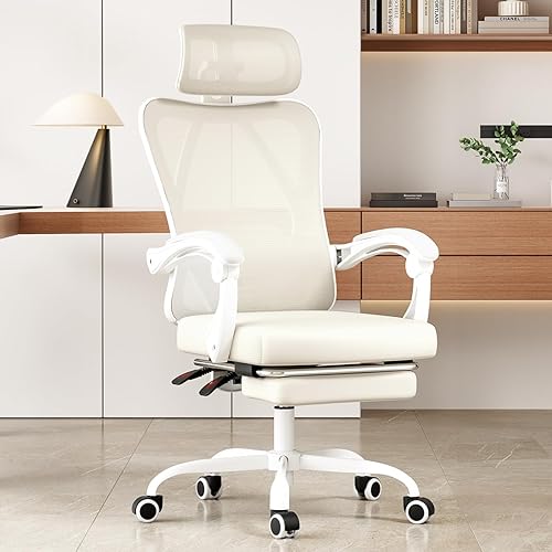 Miniatura 3 de Beige Ergonomic Office Chair with Footrest, Comfy Computer Desk Chairs with Adjustable Headrest & Lumbar Support, Mesh High Back Reclining Chair for