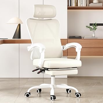 Ergonomic Mesh Office Chair with Footrest and Headrest, High Back Computer Chair with Adjustable Lumbar Support, Desk Chair Comfy with Wheels for Home Office, Study Room Beige