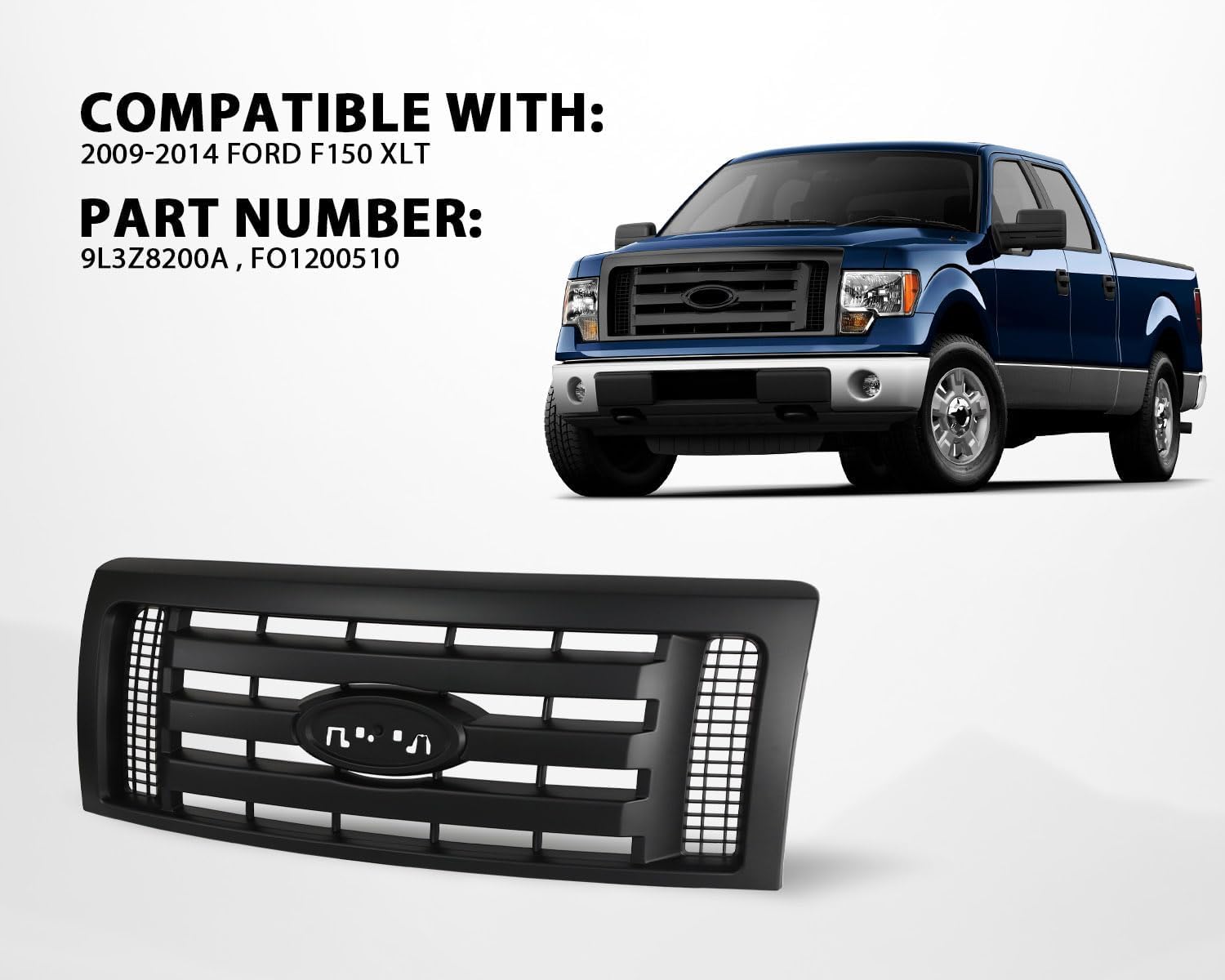 Front Bumper Upper Grille Grill Fit for 2009-2014 Ford F150 XLT Matte Black Grill Replacement 9L3Z8200A, FO1200510