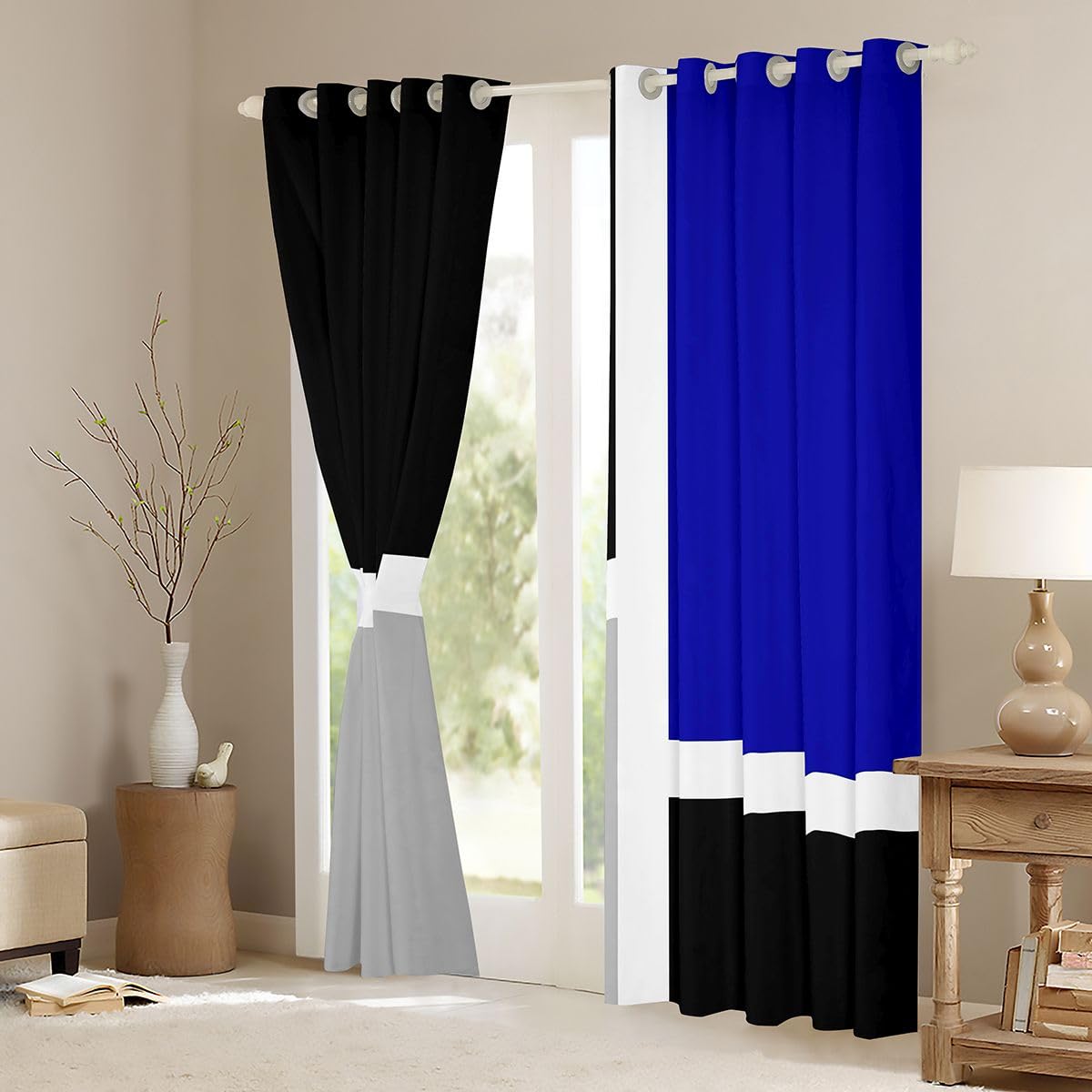 Homewish Geometryczne abstrakcyjne zasłony okienne, 117 x 137 cm, 2 zestawy paneli - proste paski, patchworkowe zasłony zaciemniające, niebieskie, czarno-szare, zasłony okienne, nowoczesne, estetyczne