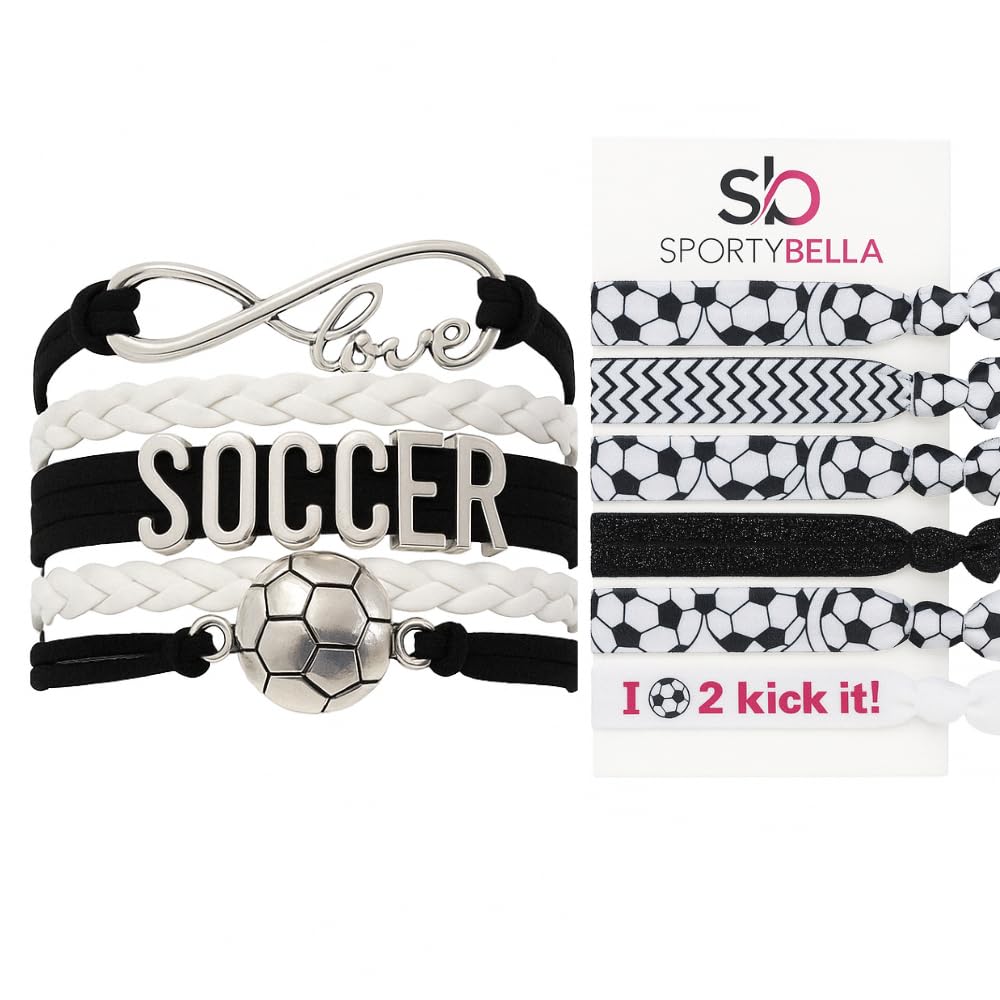 SportyBella Soccer Gift Set – Bracelet and 6-Piece Hair Tie Pack – Soccer Accessories for Girls or Teams – Soccer Bracelet and Hair Ties for Players,