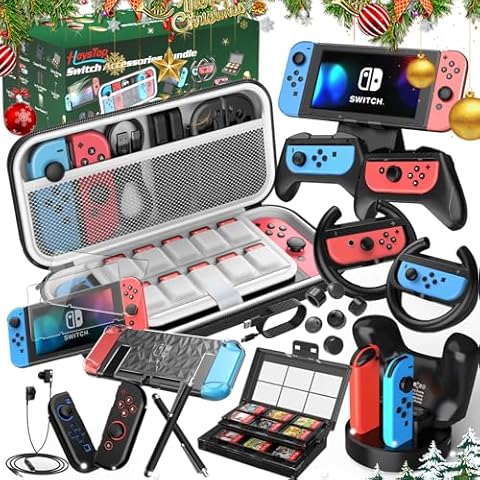 Switch Accessories Bundle 27 in 1 for Nintendo Switch, Christmas Surprise Gift Kit with Switch Carrying Case, Dockable Protective Case Cover, Screen Protector, Steering Wheel, Joycon Grip &More(Black) Cover