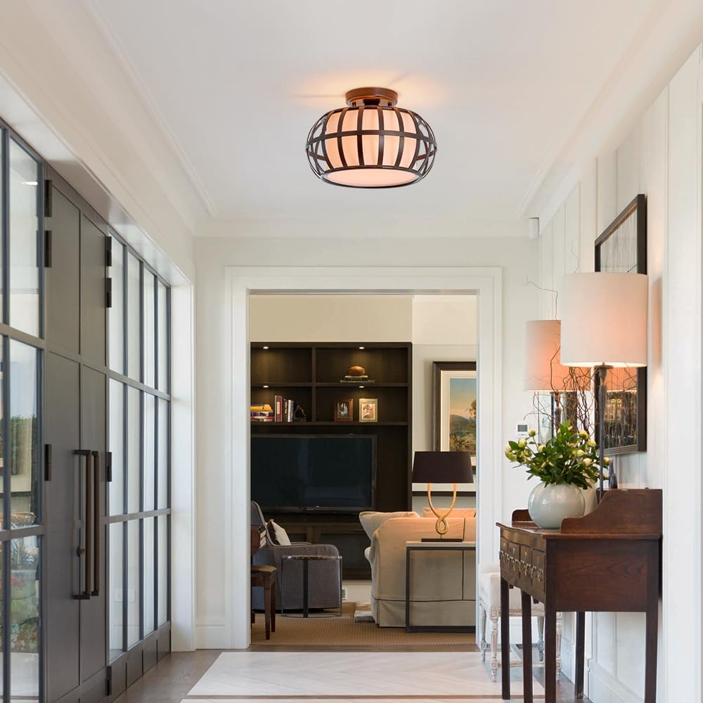Cage Fabric Ceiling Light Black Modern Close to Ceiling Lamp Farmhouse Semi Flush Mount Ceiling Light Fixture for Entryway,Dining Room,Porch,Bedroom,12.5 inch
