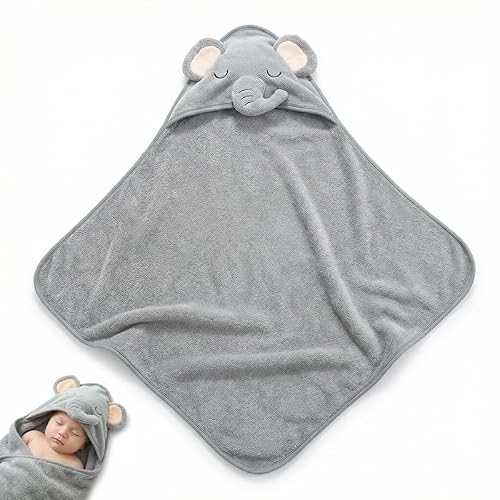 Hooded Baby Towel – Cute Gray Elephant Design, Soft & Absorbent Baby Bath Towel for Newborns, Infants, Toddlers, Boys & Girls, Kids Hooded Beach & Bath Towel
