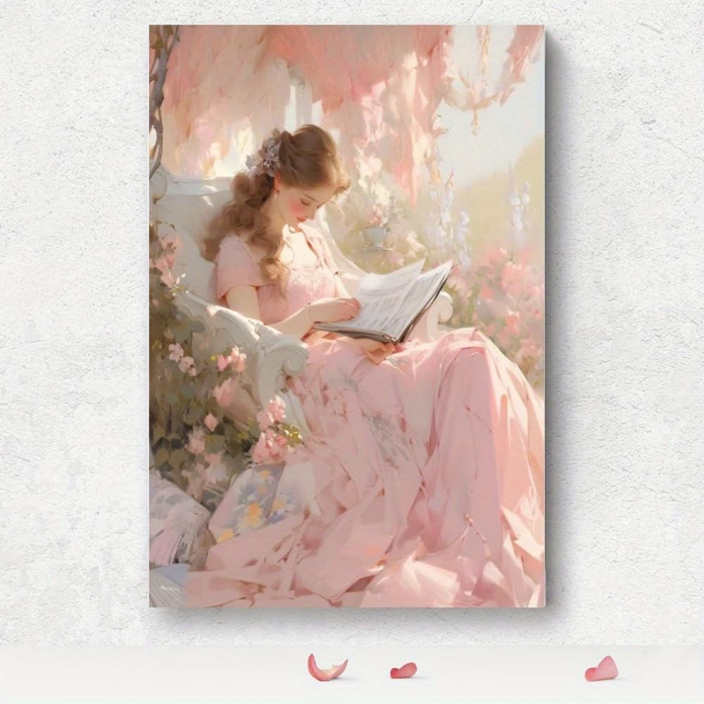 AIHNBF Dreamy Aesthetic Girl Reading Book Painting Soft Pink Floral Wall Art Serene Romantic Canvas Print Whimsical Botanical Portrait Decor for Living Room Bedroom Cozy Home Wall Decor 50x75cm