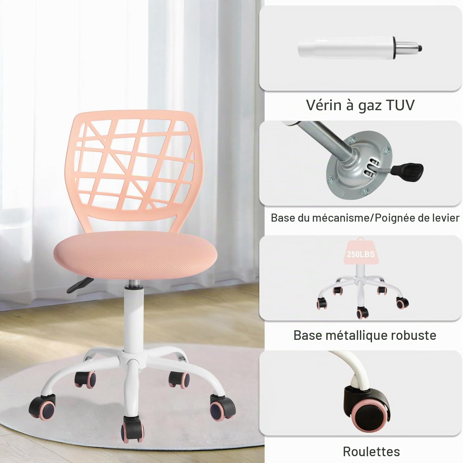 FurnitureR Chaise de Bureau pivotante à Hauteur réglable avec Petit Trou pour Chambre d'enfant ou Salle d'étude, Rose Plica