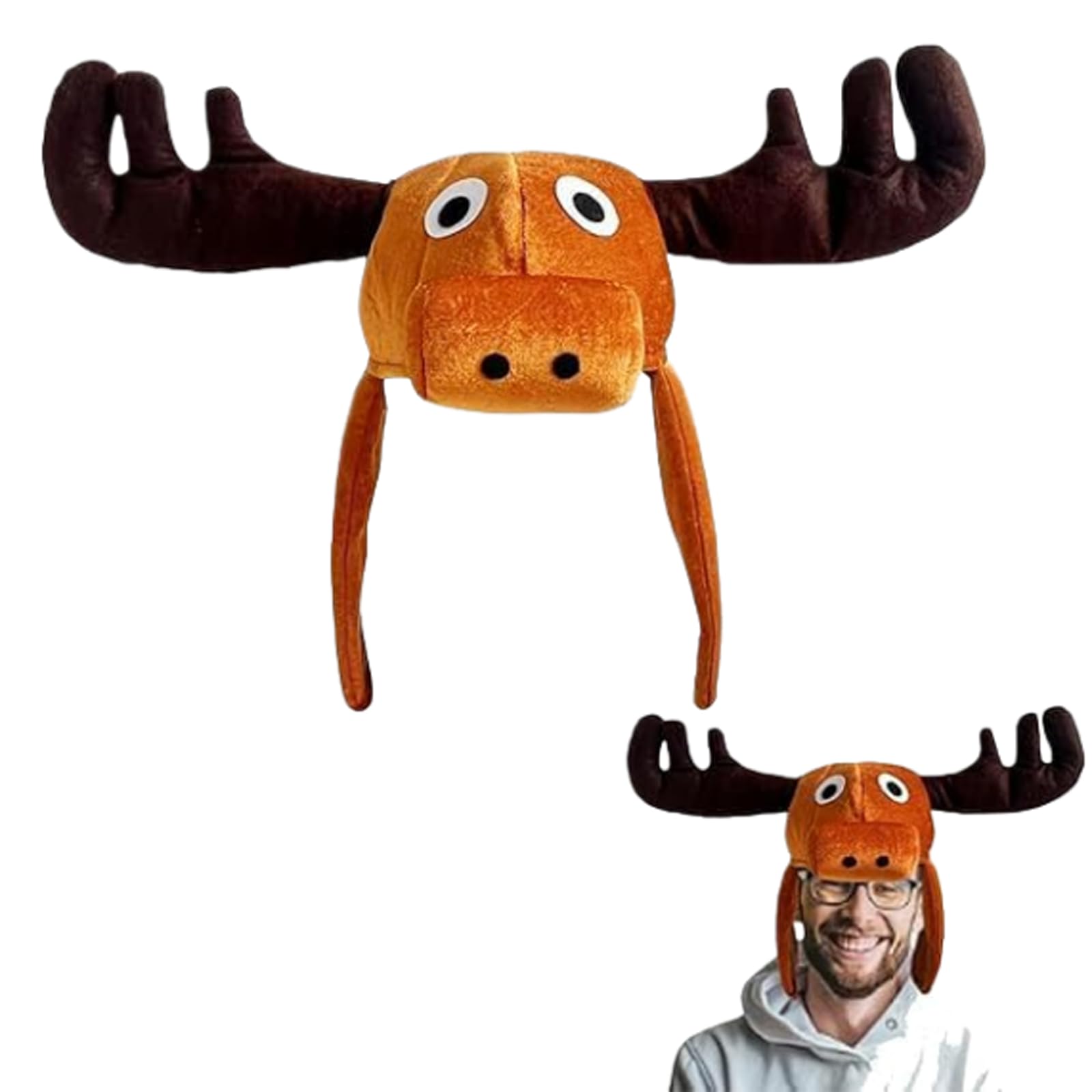 JIAHG Funny Plush Moose Hat with Antlers, Adult & Kids Animal Costume Headwear, Brown Soft Elk Hat for Christmas Halloween Carnival Fancy Dress Cosplay Party